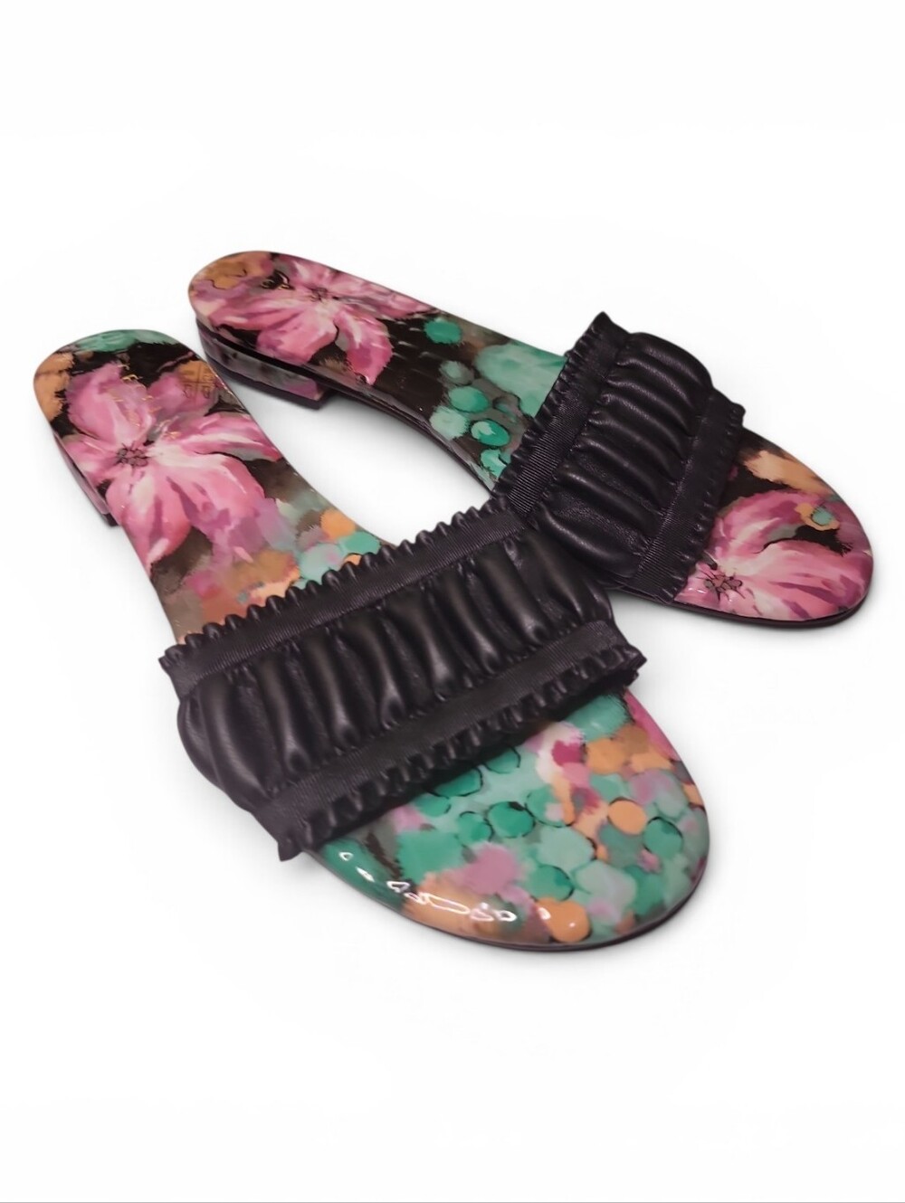 Ceclia New York Liberty Black/Pink Ruffle Slide Sandals with Floral Insole